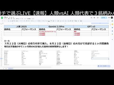 最強の株 ３銘柄選ぶ【本気LIVE】【人類vsAI】（動画）